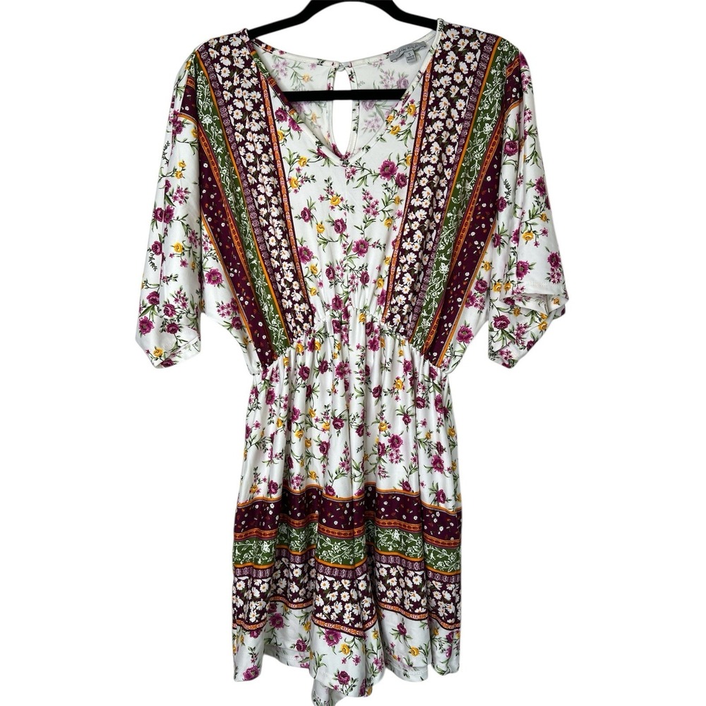 White Birch Floral Romper Womens Small V-Neck Kimono Sleeve Boho Keyhole Back